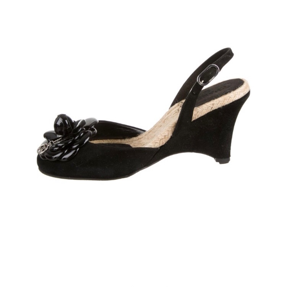 Chanel Black Suede Camellia Wedges